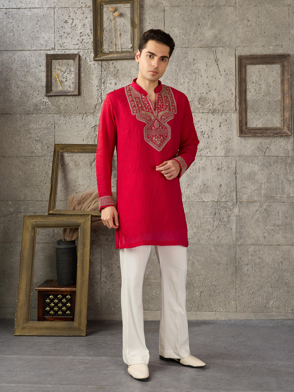 Red Premium Crush Beads Work Mens Kurta | Tulip Designer