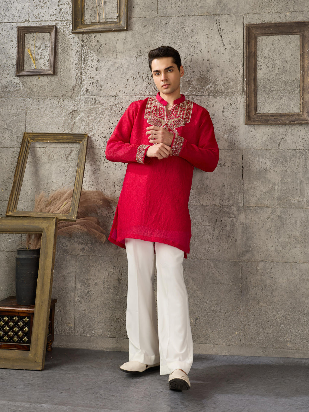 Red Premium Crush Beads Work Mens Kurta | Tulip Designer