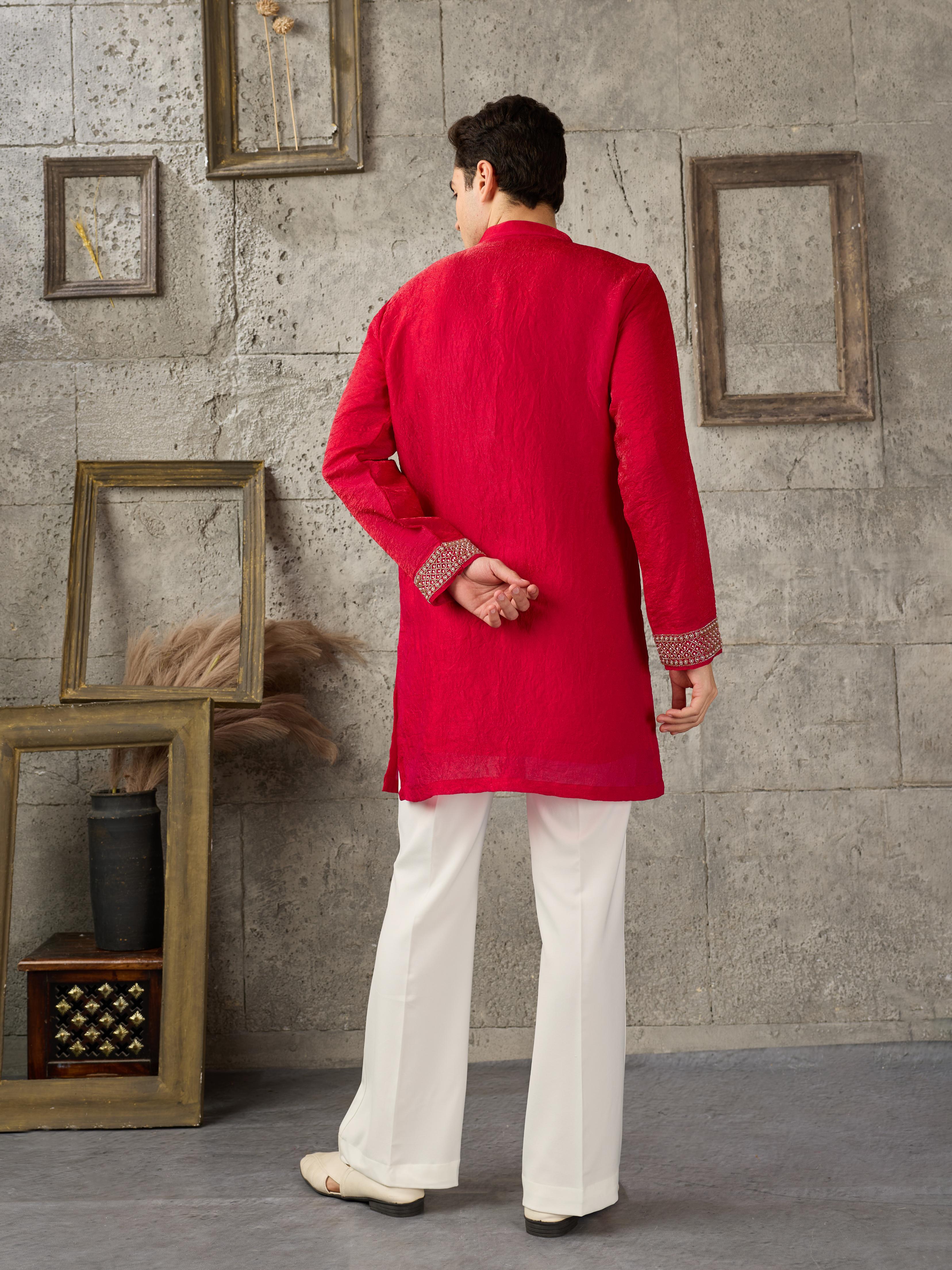 Red Premium Crush Beads Work Mens Kurta | Tulip Designer