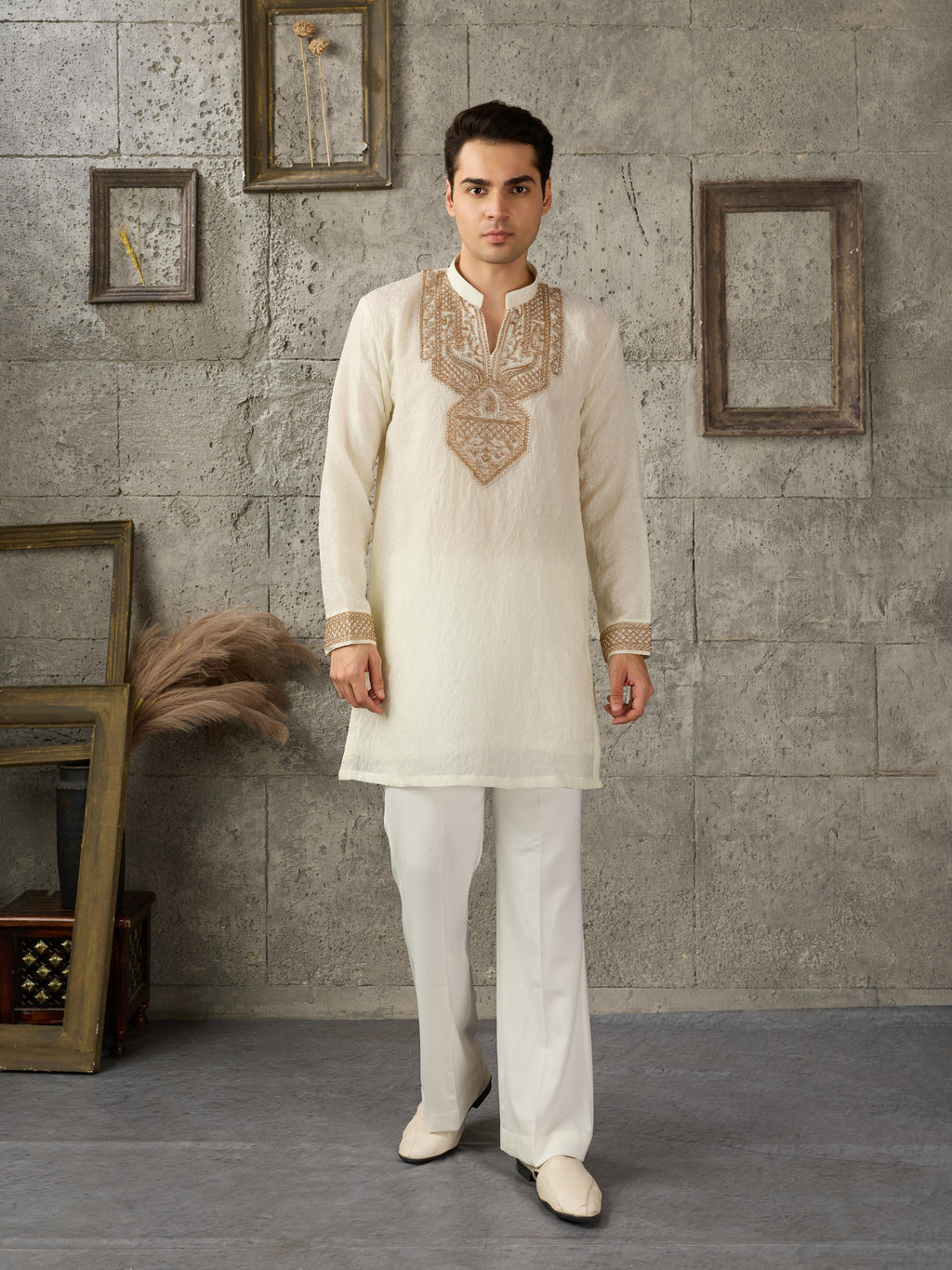 Off White Crush Kurta For Men | Tulip Designer