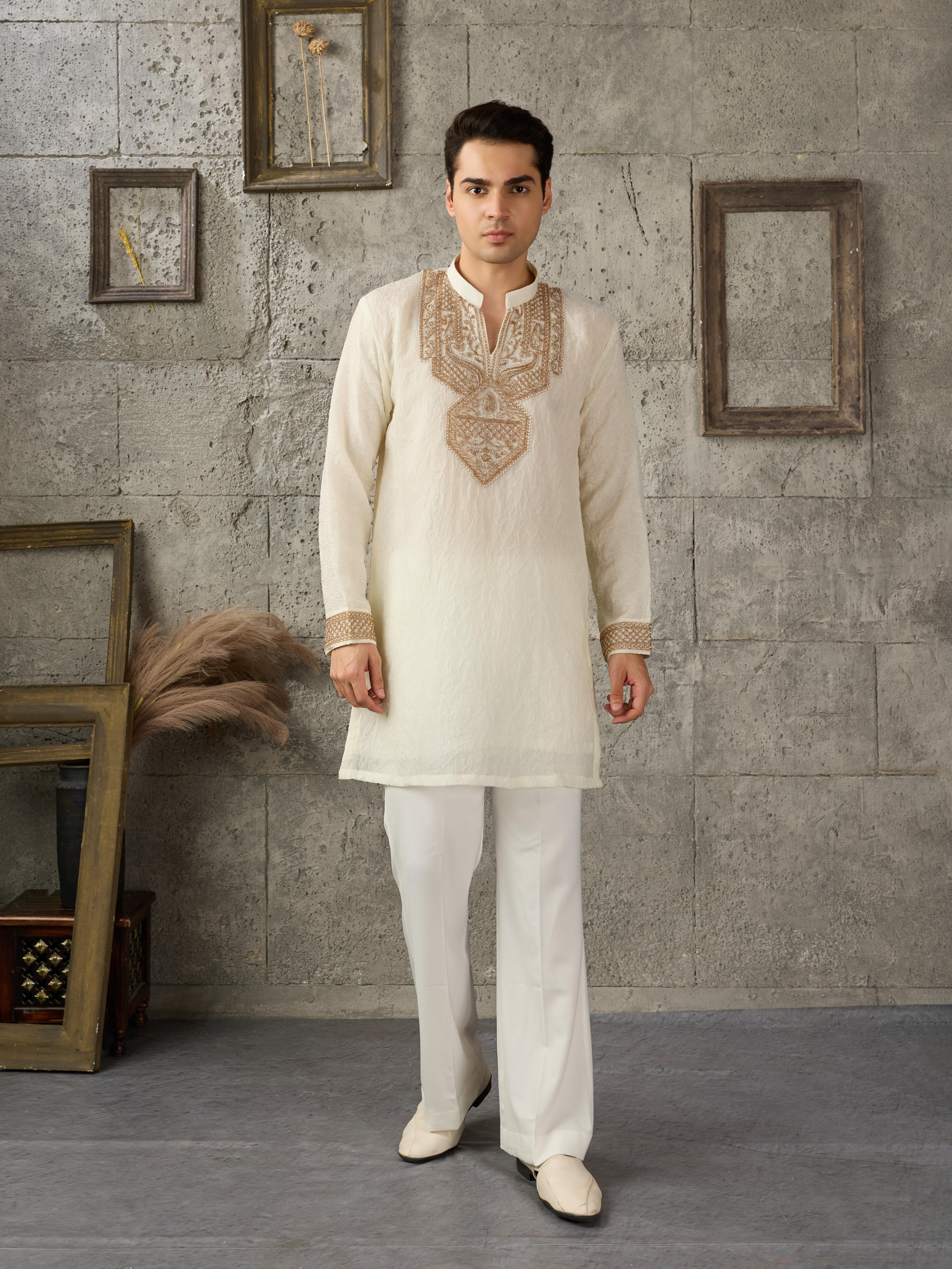 Off White Crush Kurta For Men | Tulip Designer