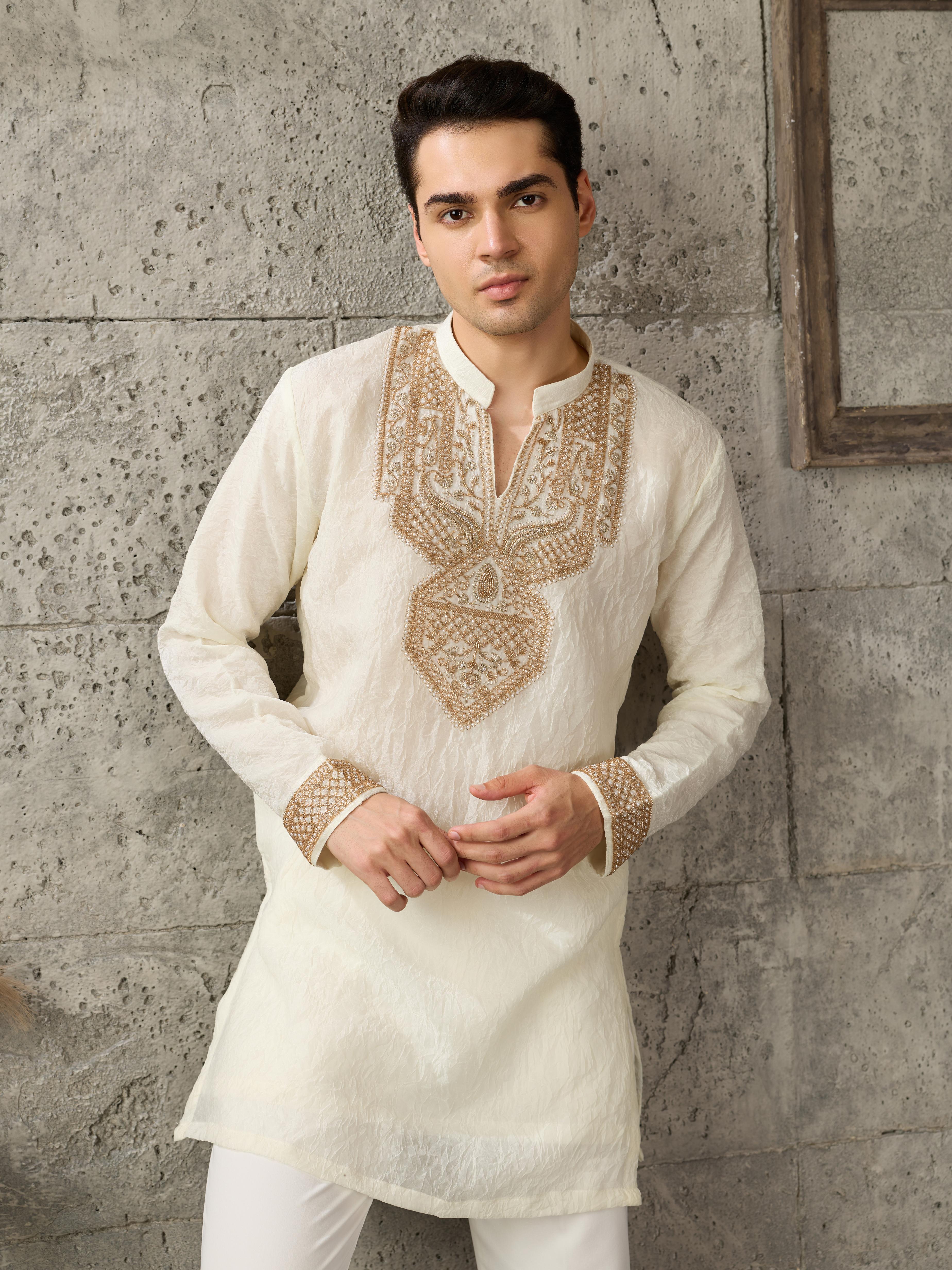 Off White Crush Kurta For Men | Tulip Designer