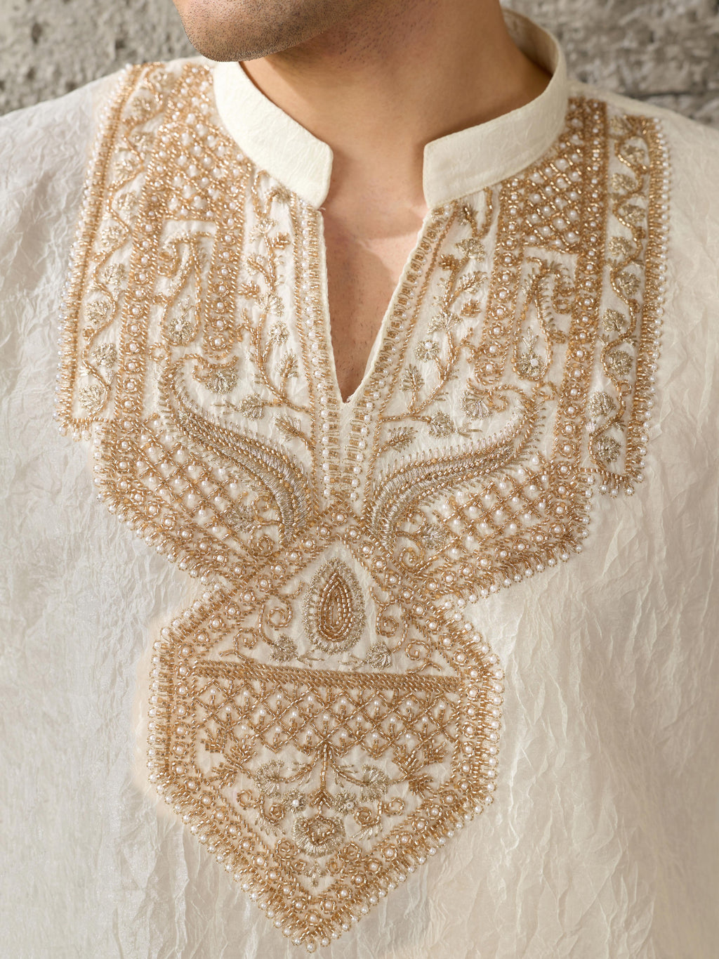 Off White Crush Kurta For Men | Tulip Designer
