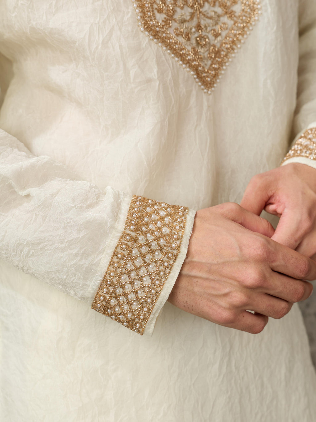 Off White Crush Kurta For Men | Tulip Designer