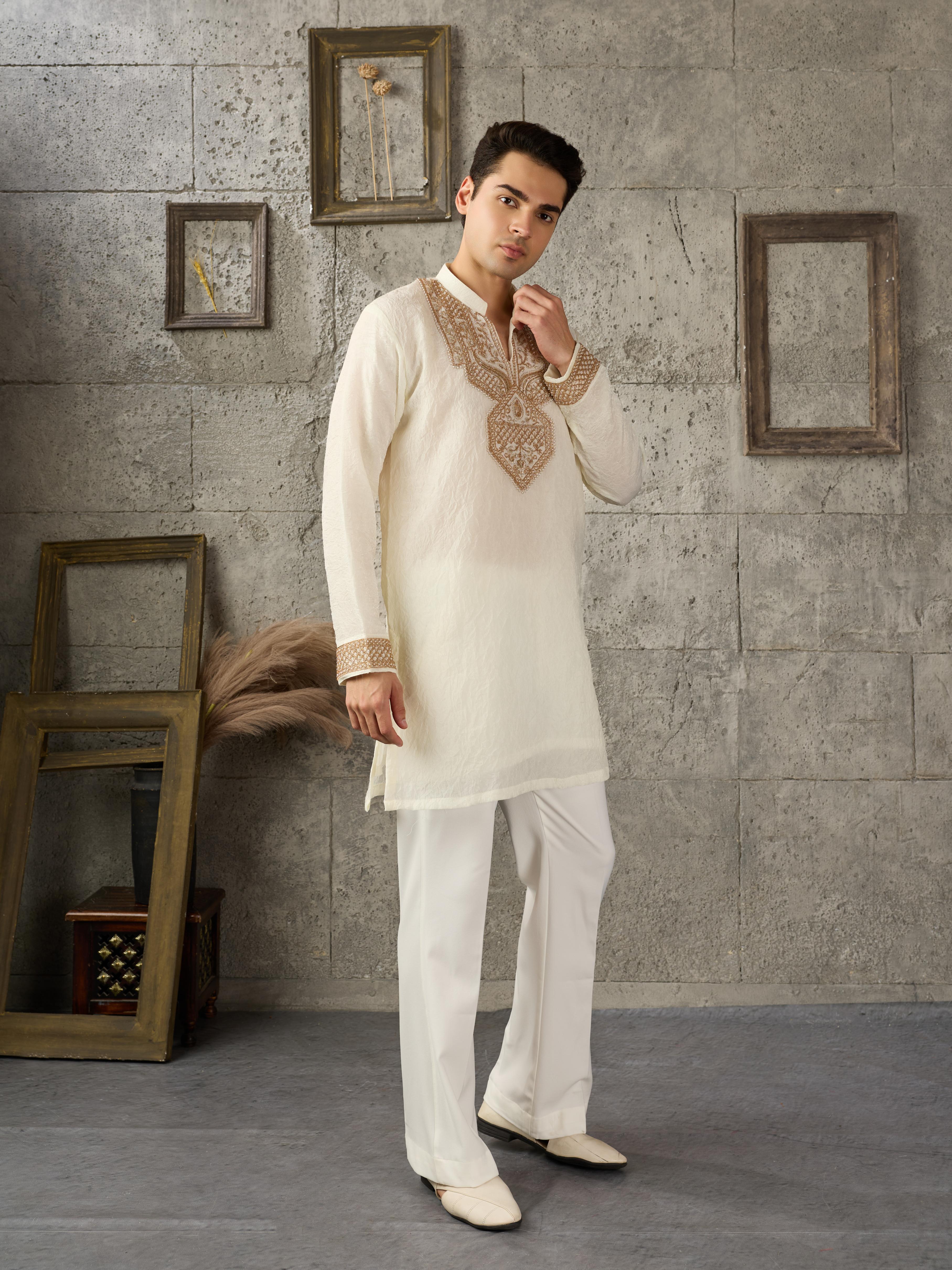 Off White Crush Kurta For Men | Tulip Designer