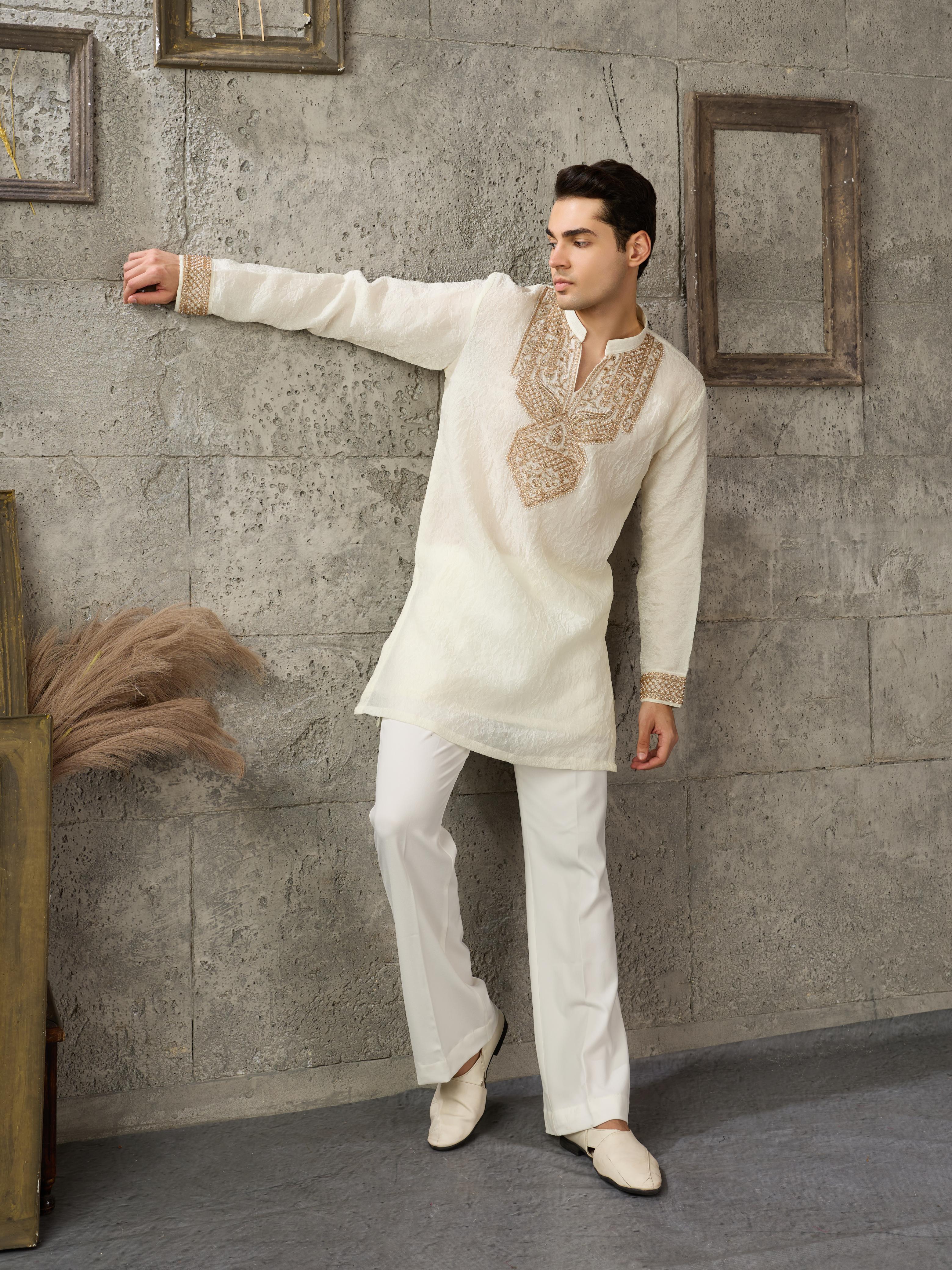 Off White Crush Kurta For Men | Tulip Designer
