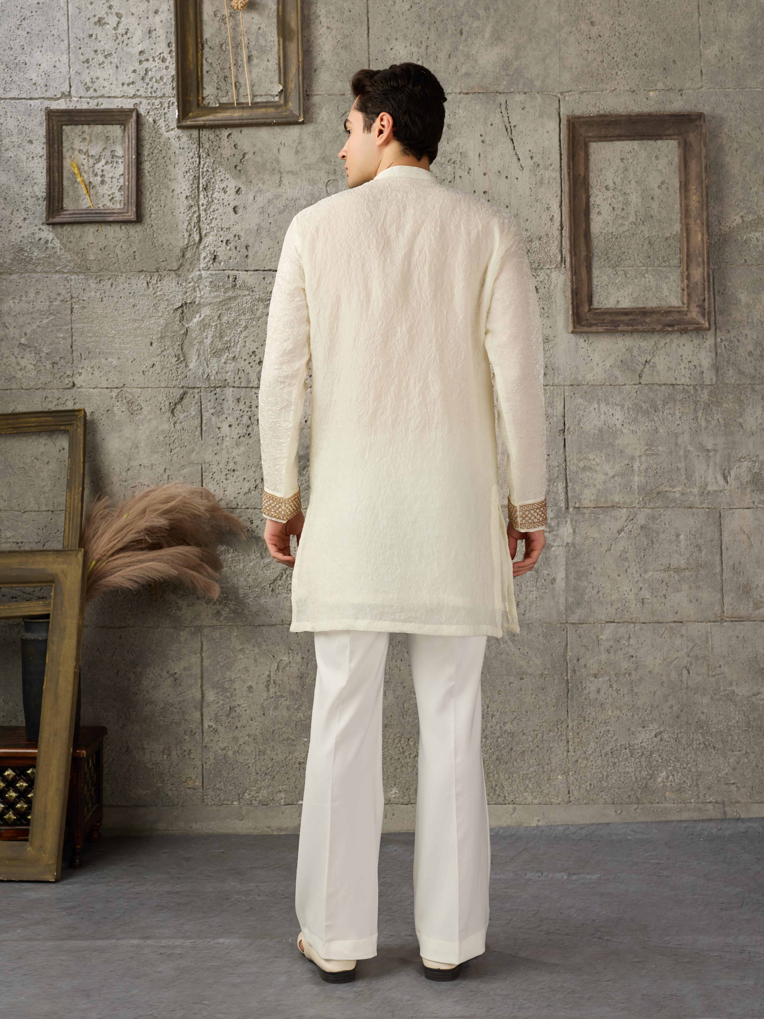 Off White Crush Kurta For Men | Tulip Designer