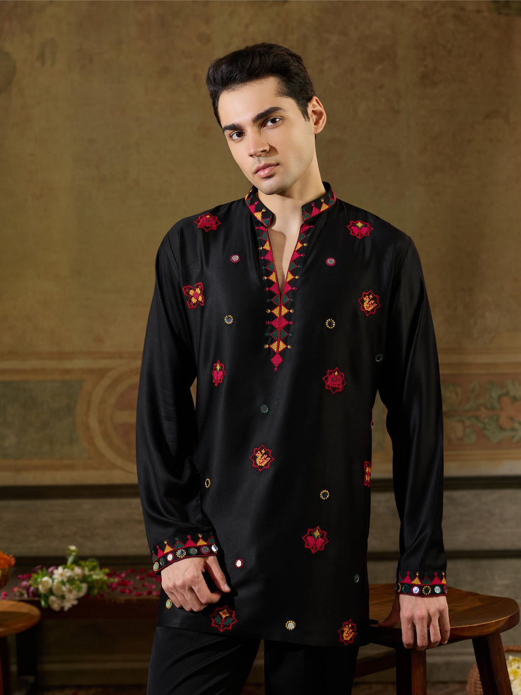 Black Rayon V Neck Kurta Set | Tulip Designer