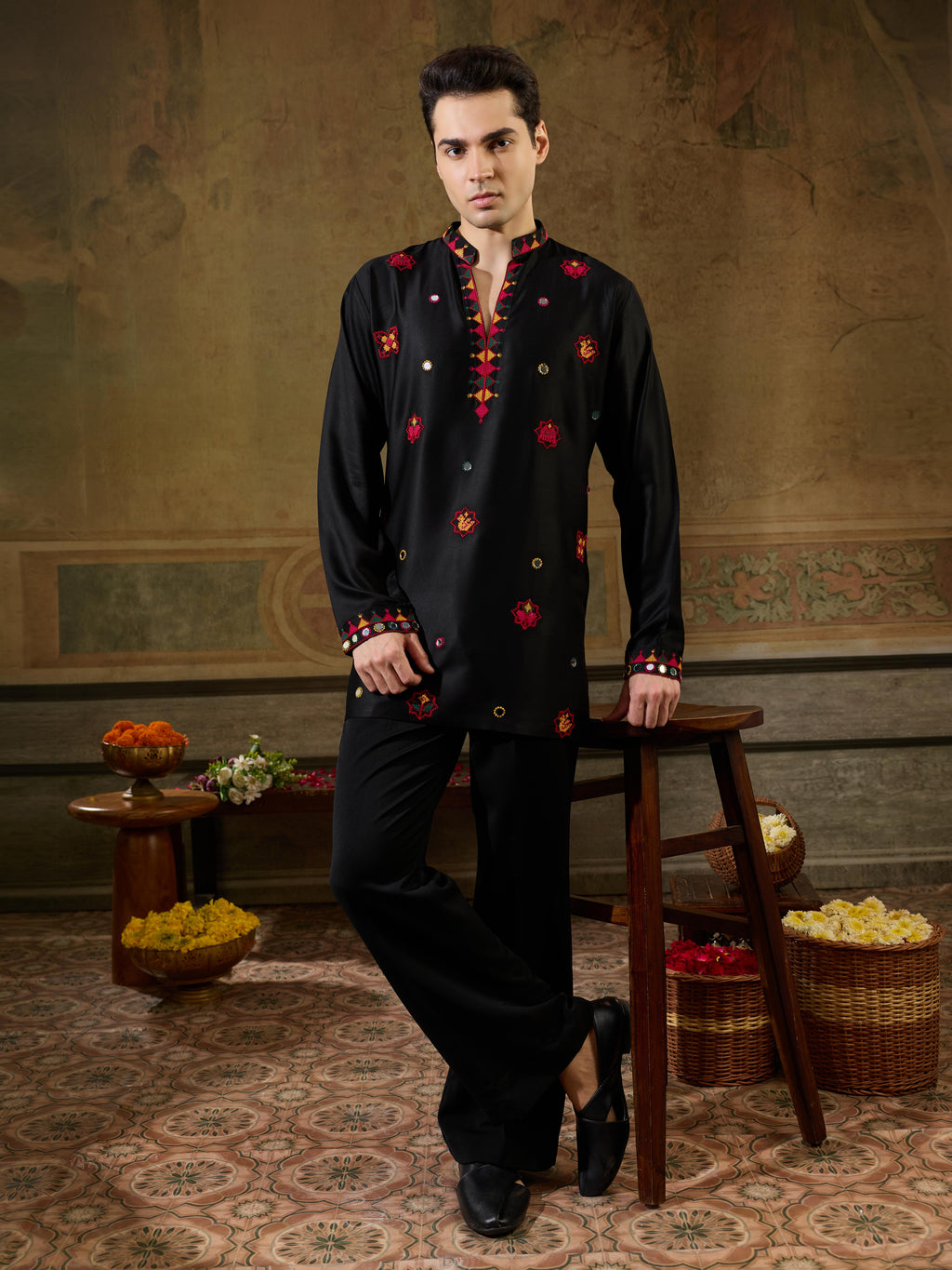 Black Rayon V Neck Kurta Set | Tulip Designer