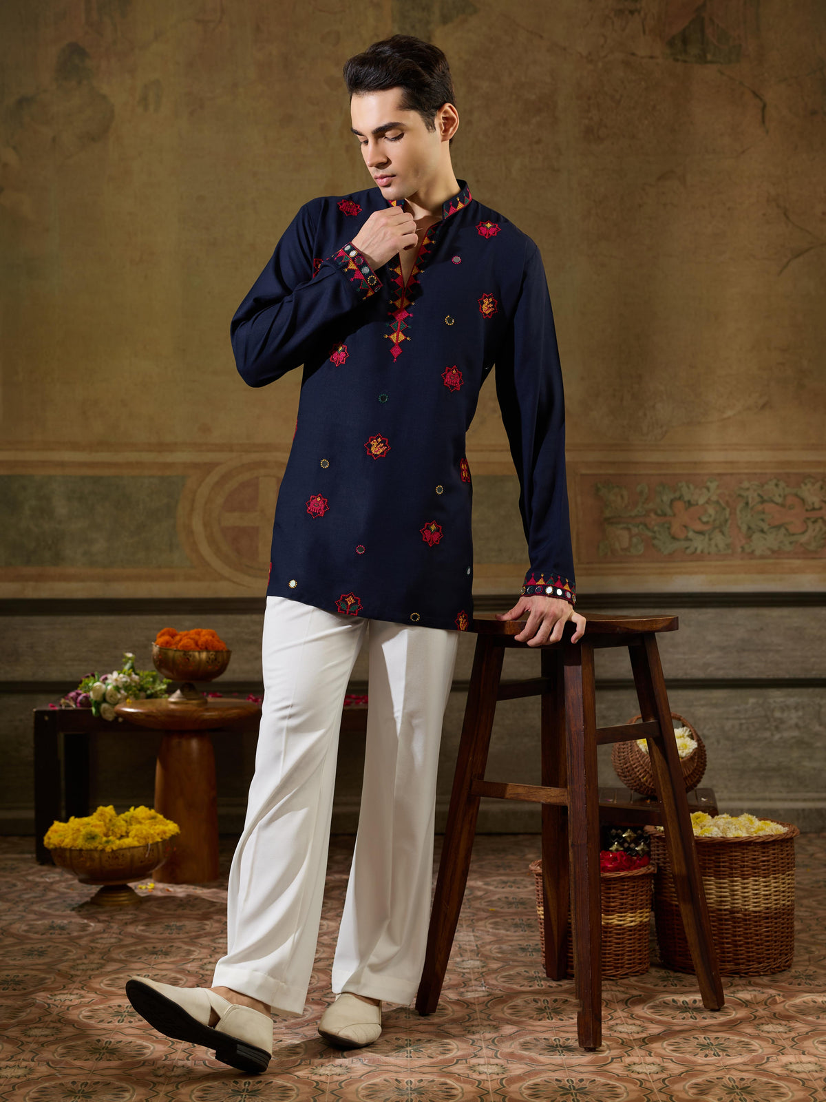 Navy Rayon Mirror V Neck Kurta Set | Tulip Designer