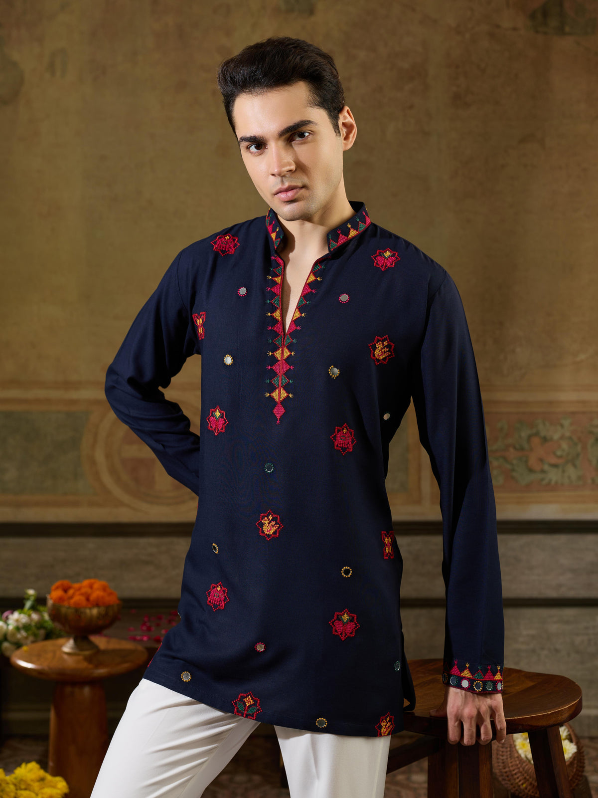 Navy Rayon Mirror V Neck Kurta Set | Tulip Designer