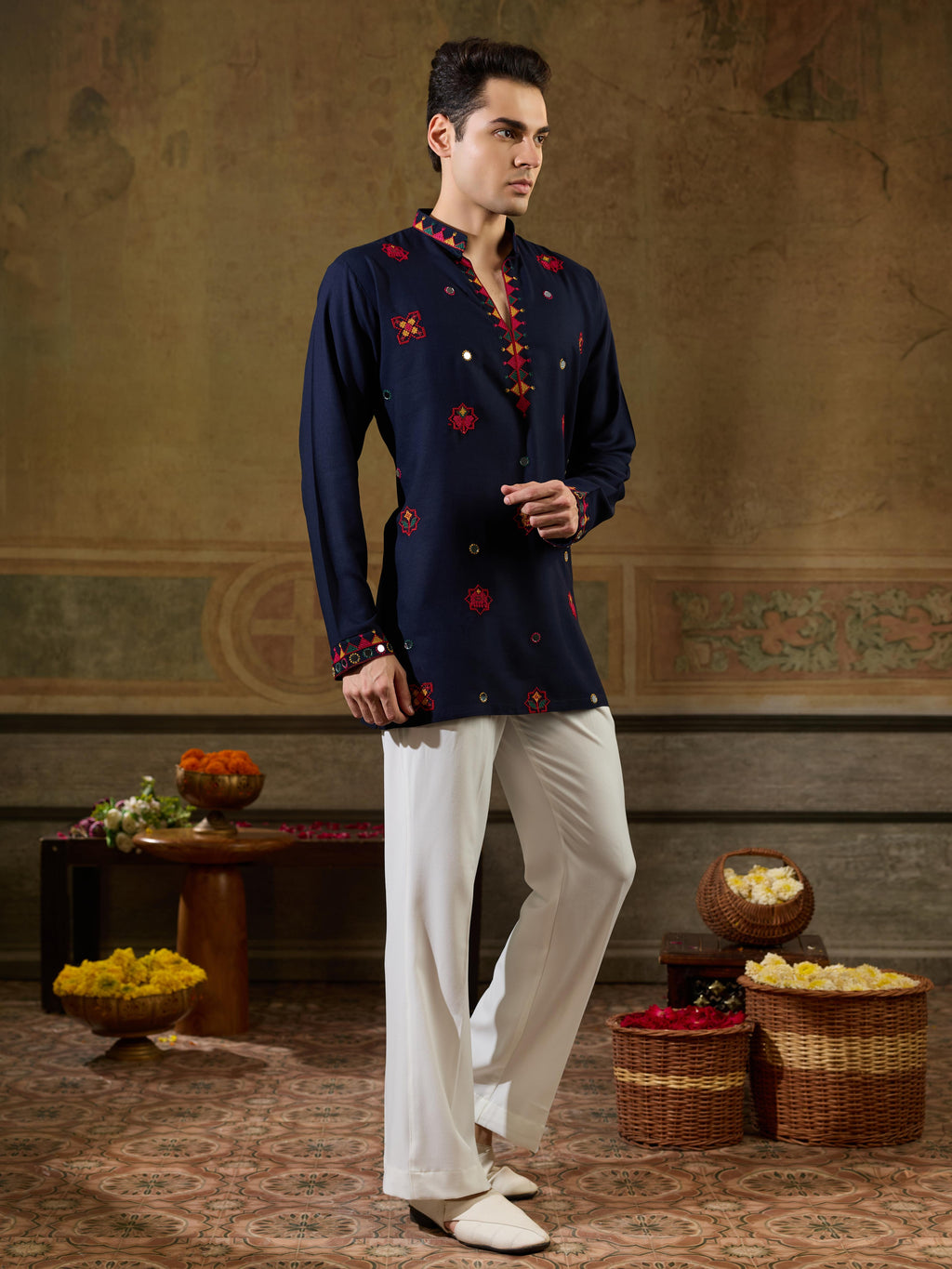 Navy Rayon Mirror V Neck Kurta Set | Tulip Designer