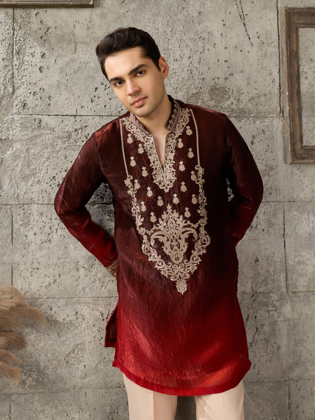 Red Maroon Crush Tissue Kurta Set | Tulip Designer