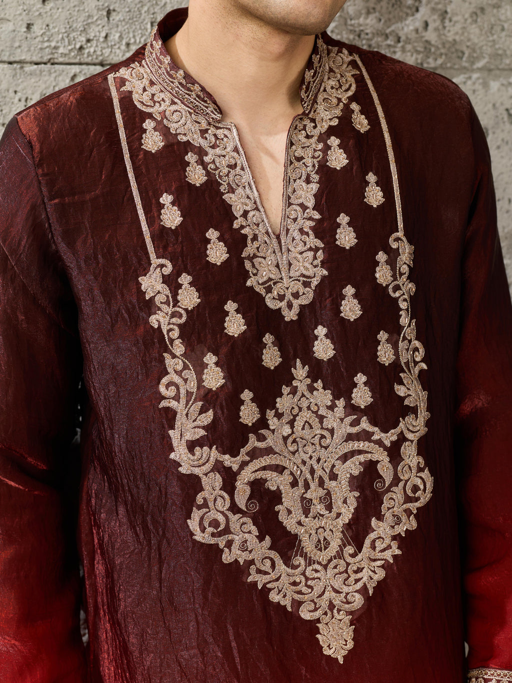 Red Maroon Crush Tissue Kurta Set | Tulip Designer