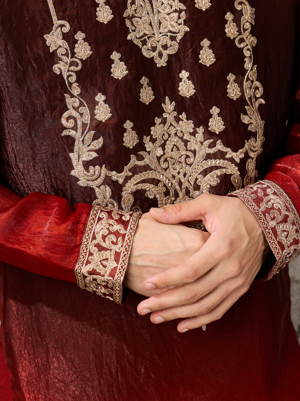 Red Maroon Crush Tissue Kurta Set | Tulip Designer