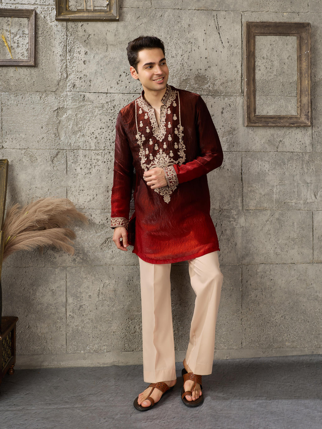Red Maroon Crush Tissue Kurta Set | Tulip Designer