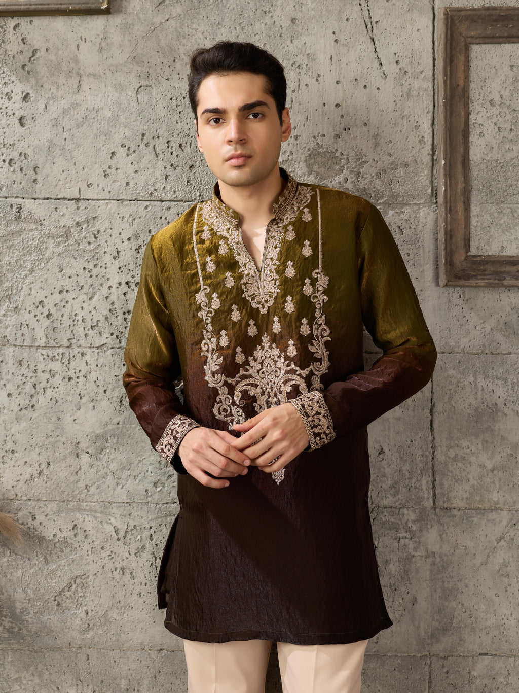 Green Brown Crush Tissue Kurta Set | Tulip Designer