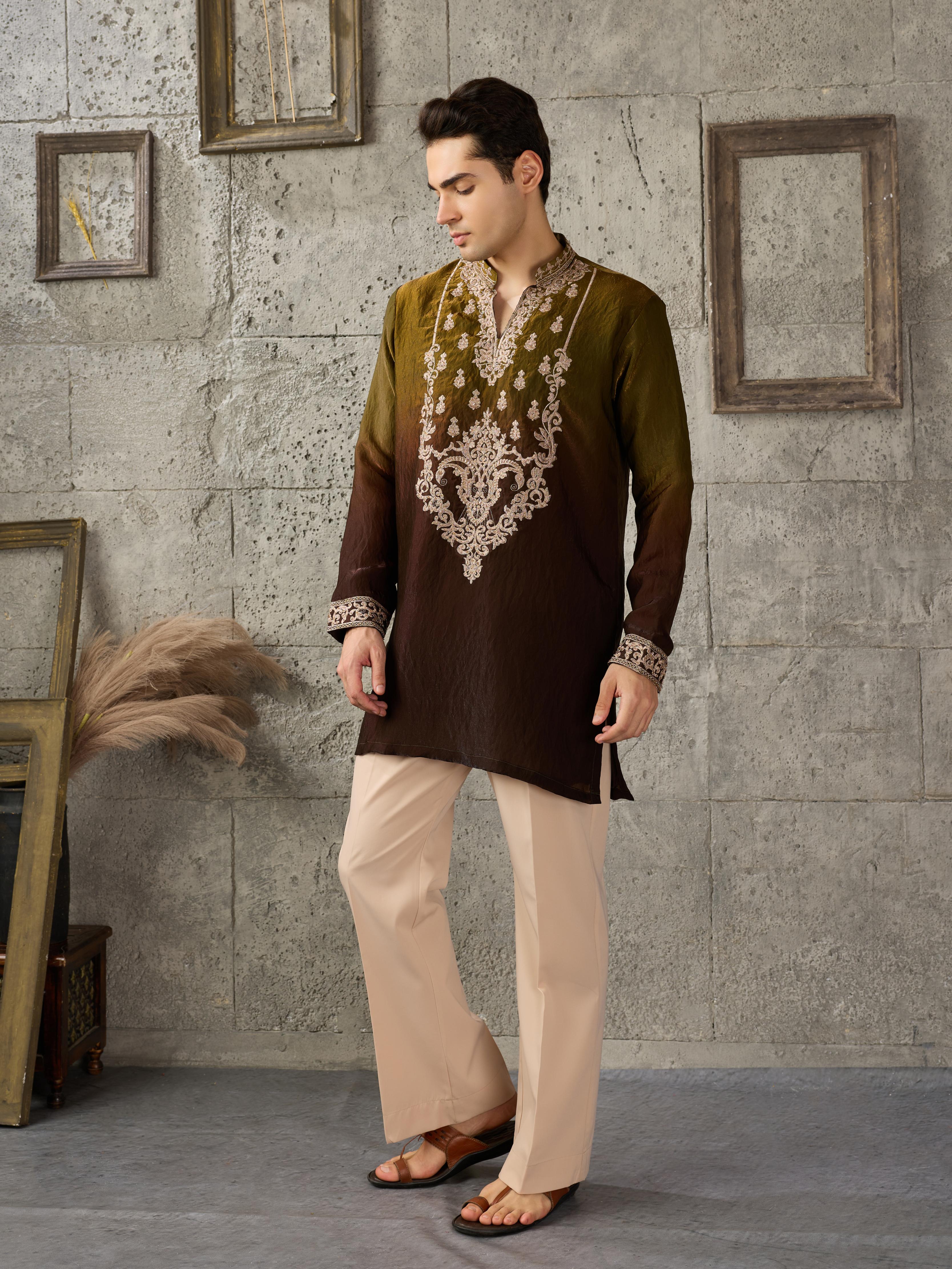 Green Brown Crush Tissue Kurta Set | Tulip Designer