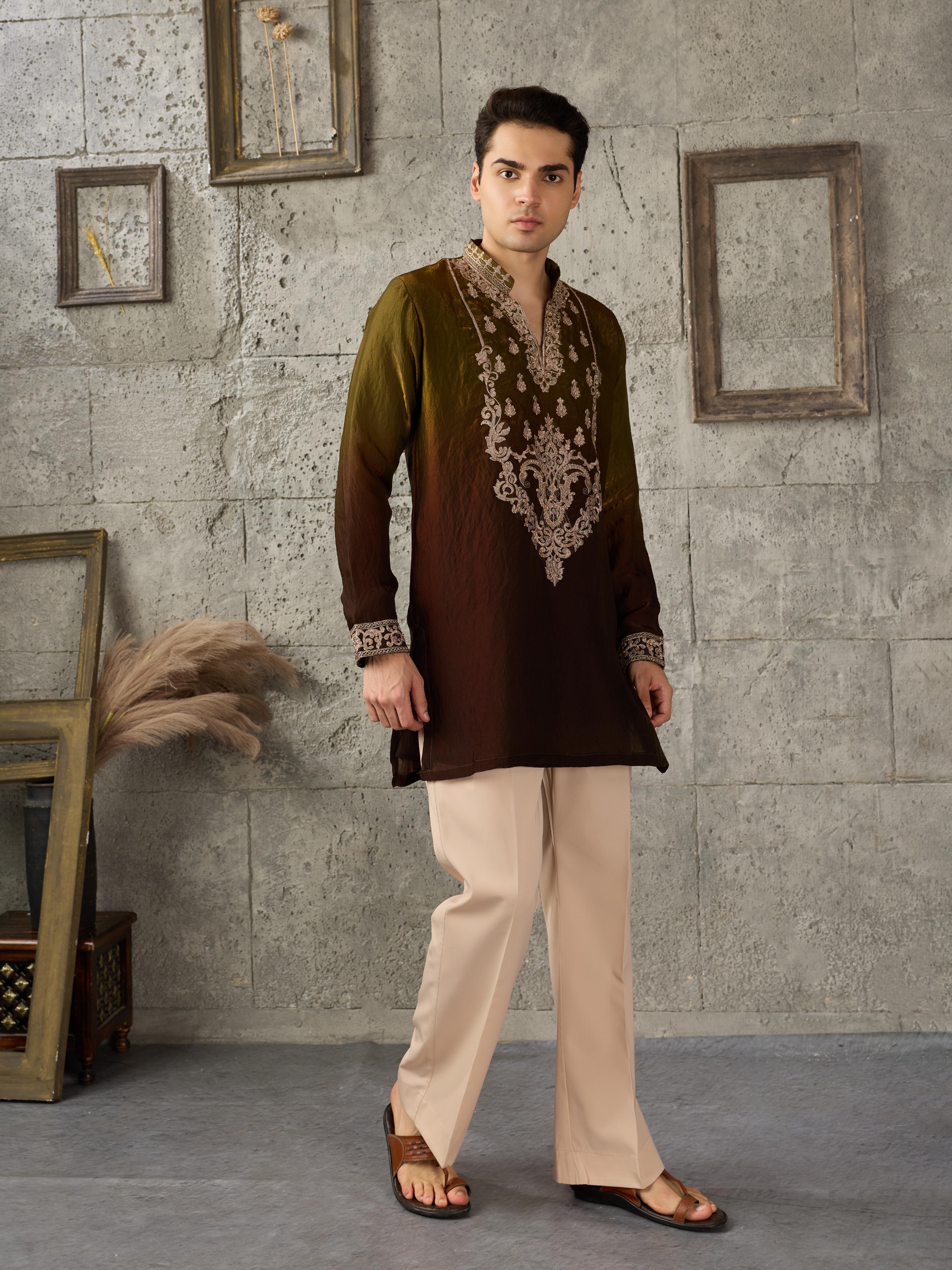 Green Brown Crush Tissue Kurta Set | Tulip Designer