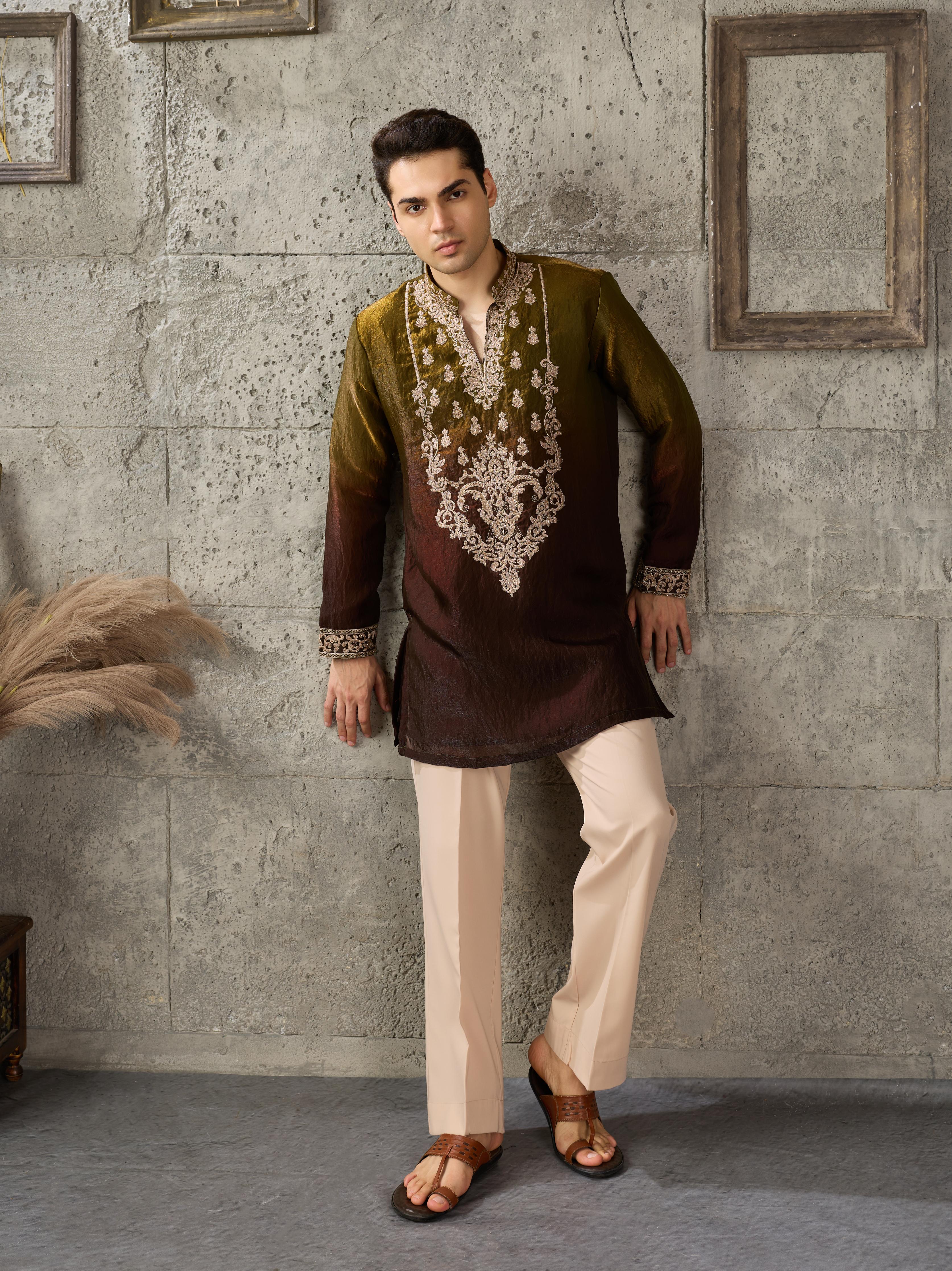 Green Brown Crush Tissue Kurta Set | Tulip Designer