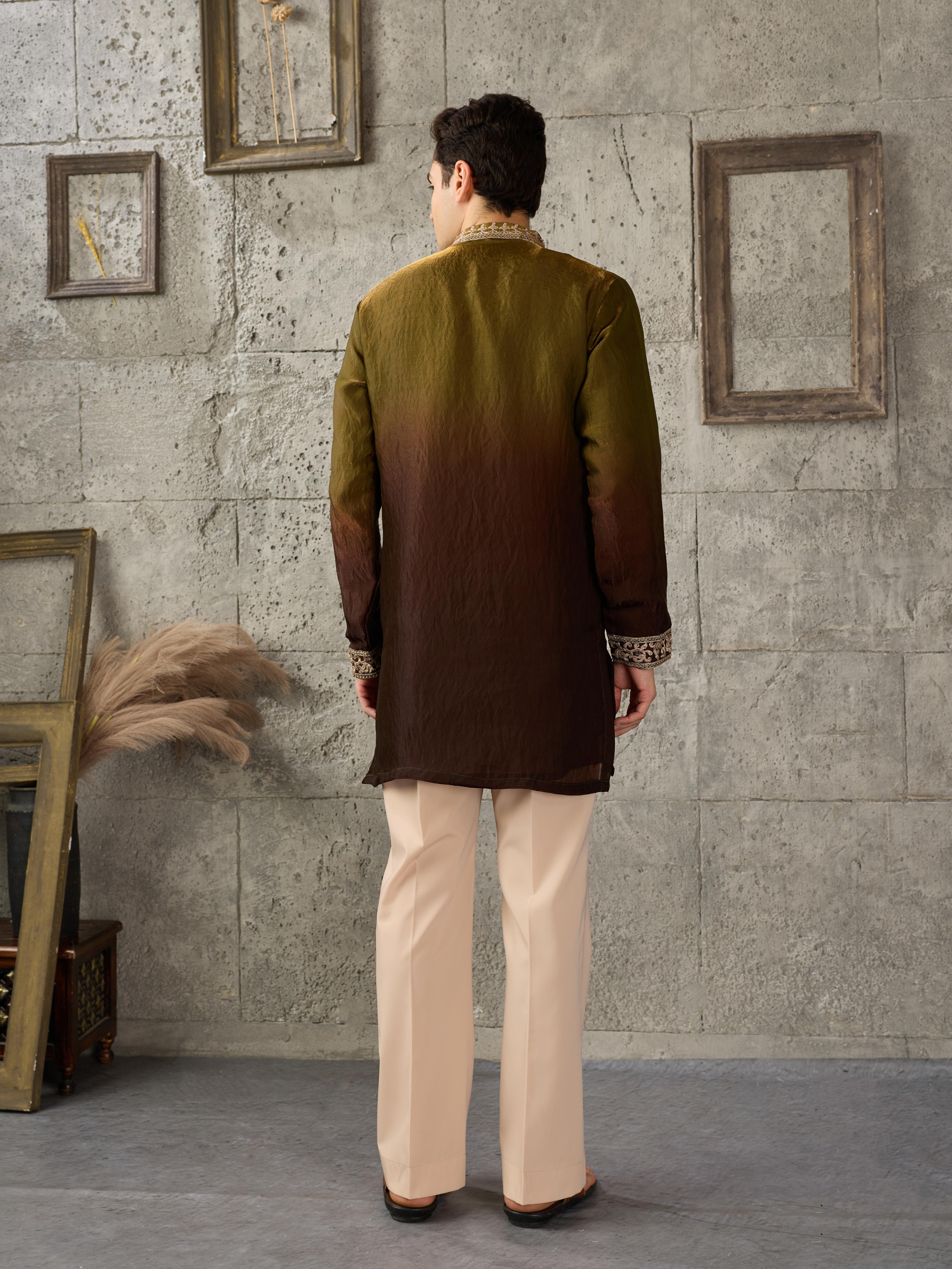 Green Brown Crush Tissue Kurta Set | Tulip Designer