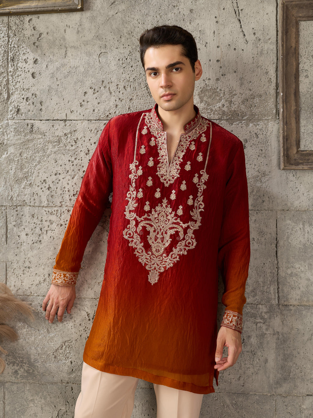Red Orange Embroidered Crush Tissue Kurta Set | Tulip Designer