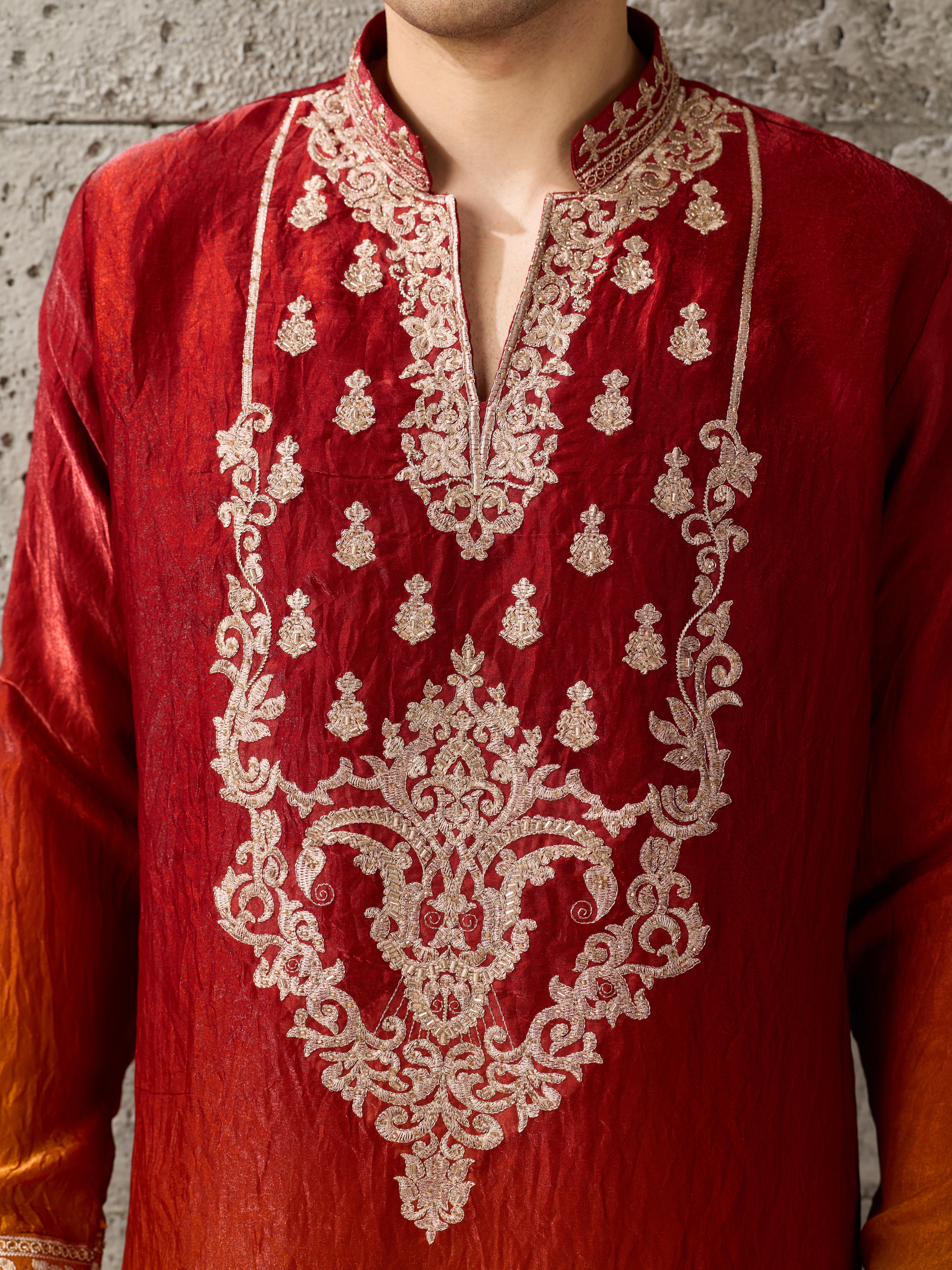 Red Orange Embroidered Crush Tissue Kurta Set | Tulip Designer