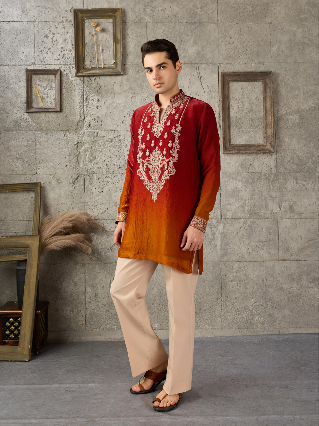 Red Orange Embroidered Crush Tissue Kurta Set | Tulip Designer