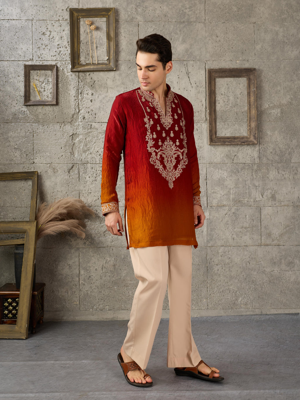 Red Orange Embroidered Crush Tissue Kurta Set | Tulip Designer