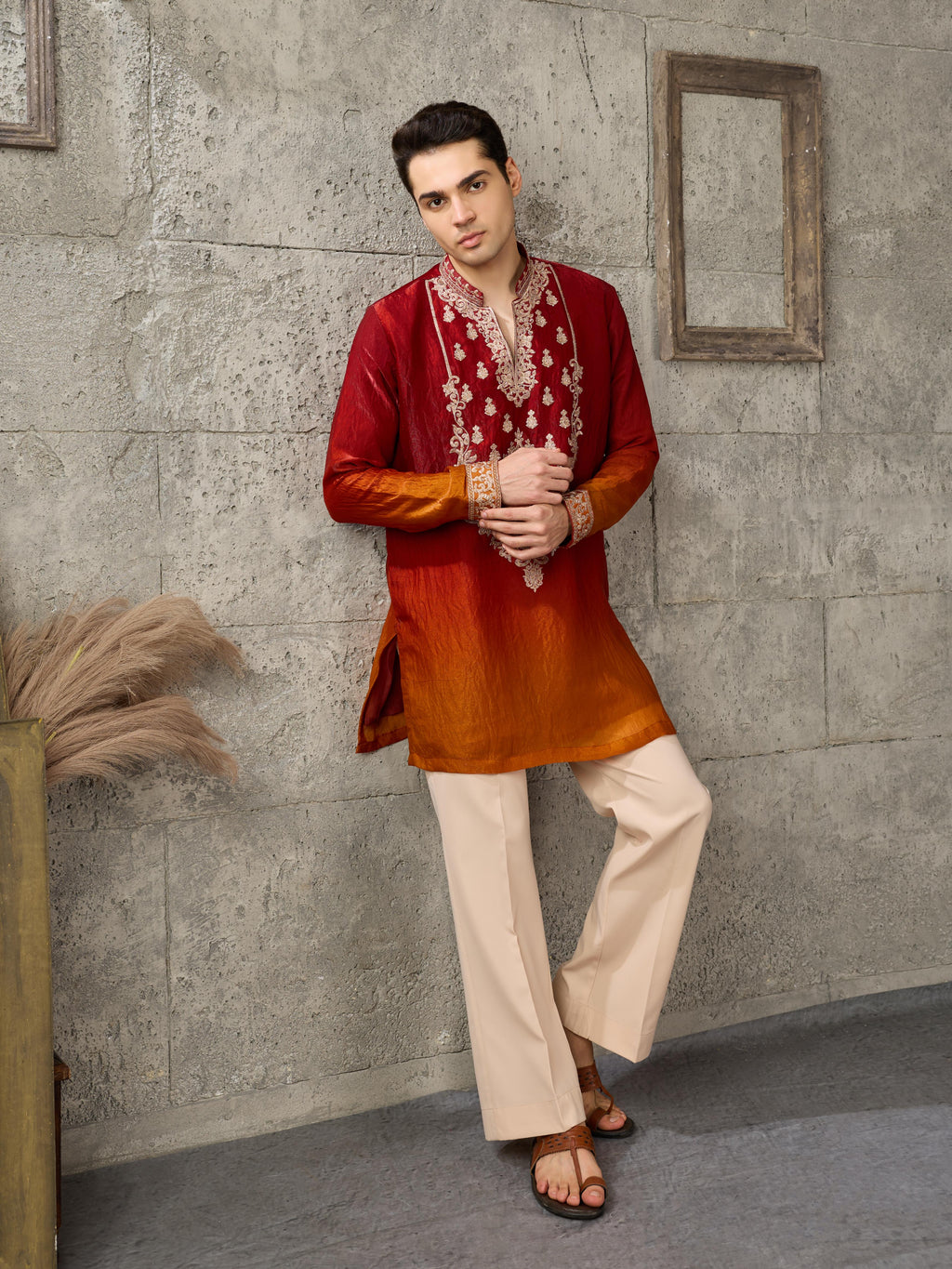 Red Orange Embroidered Crush Tissue Kurta Set | Tulip Designer