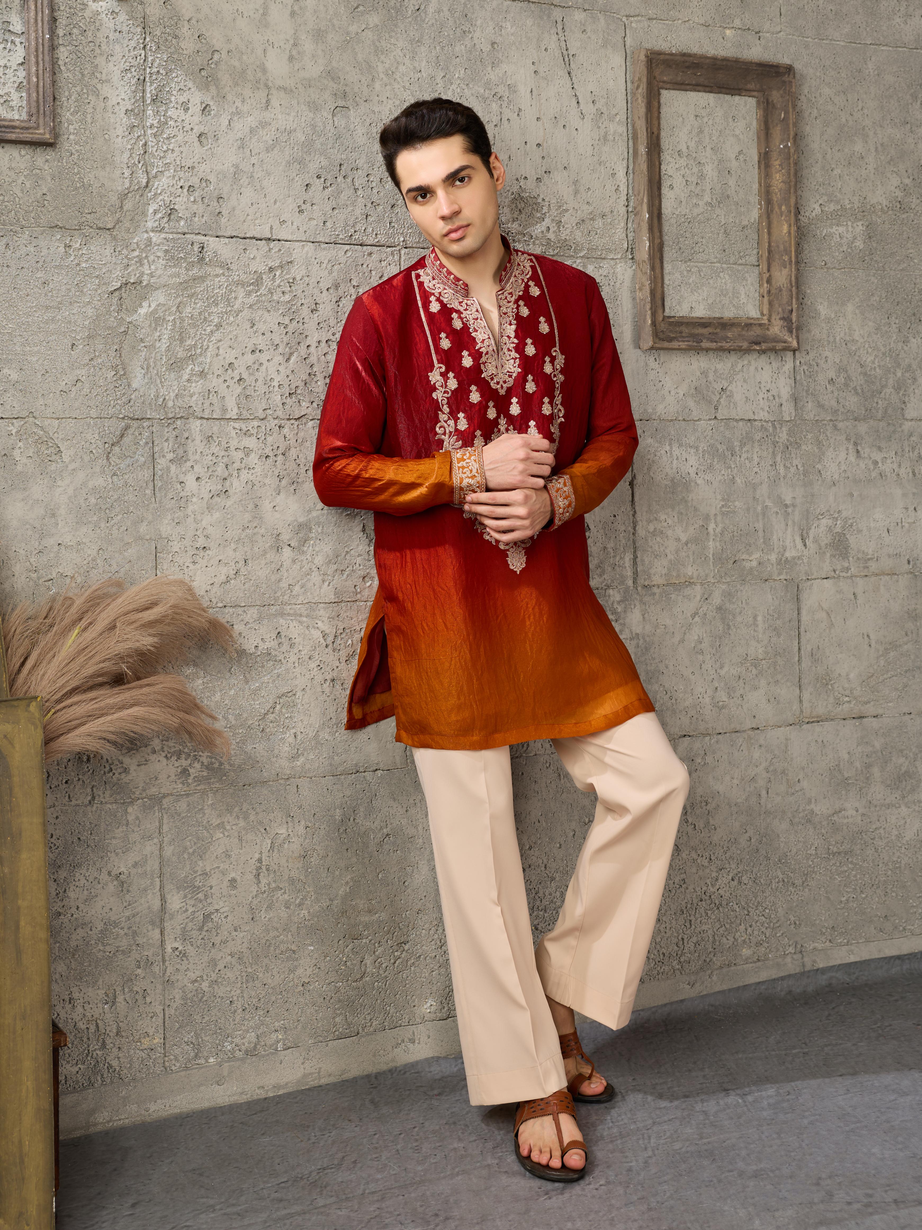 Red Orange Embroidered Crush Tissue Kurta Set | Tulip Designer