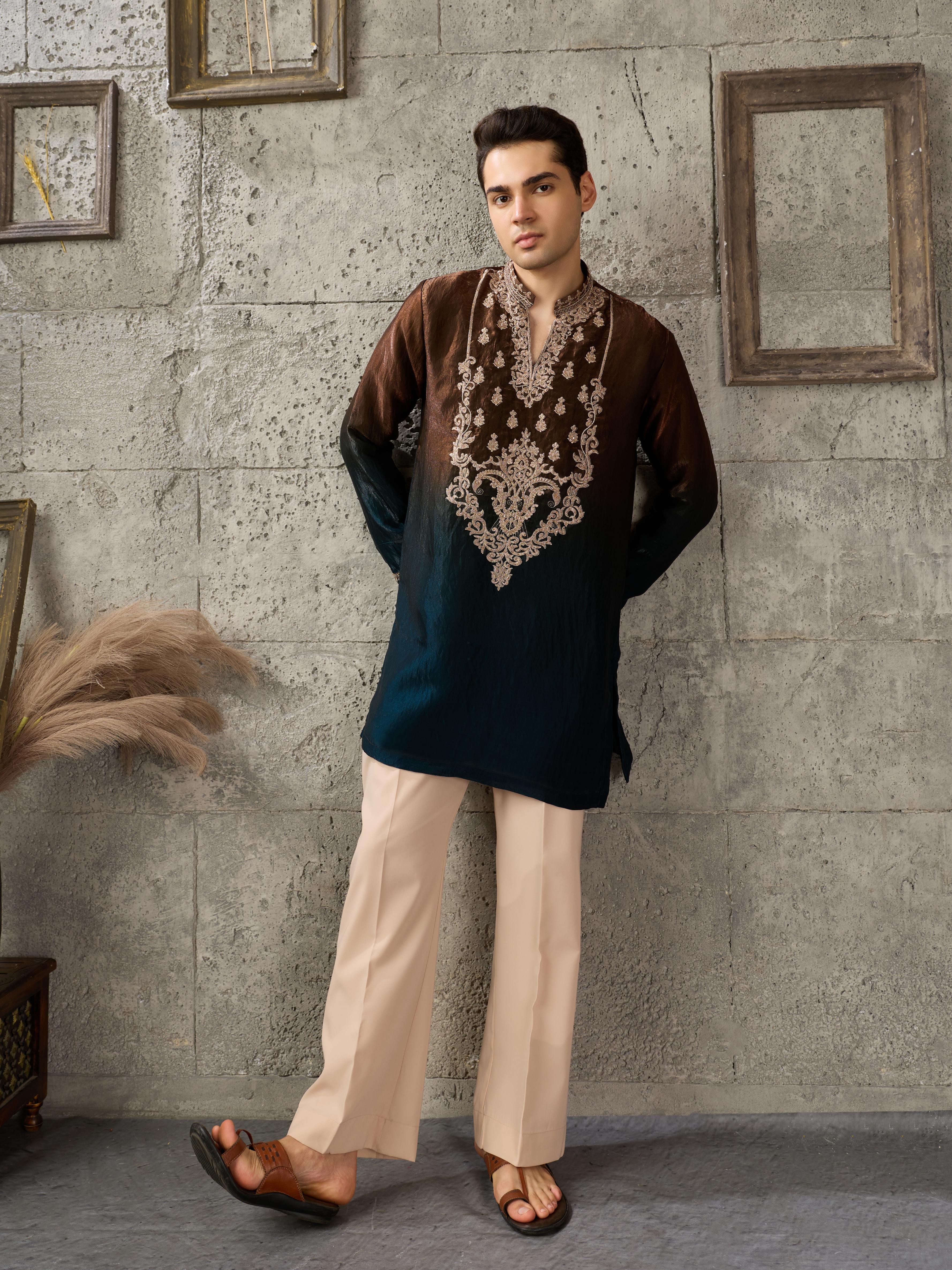 Brown Navy Crush Tissue Kurta For Men| Tulip Designer