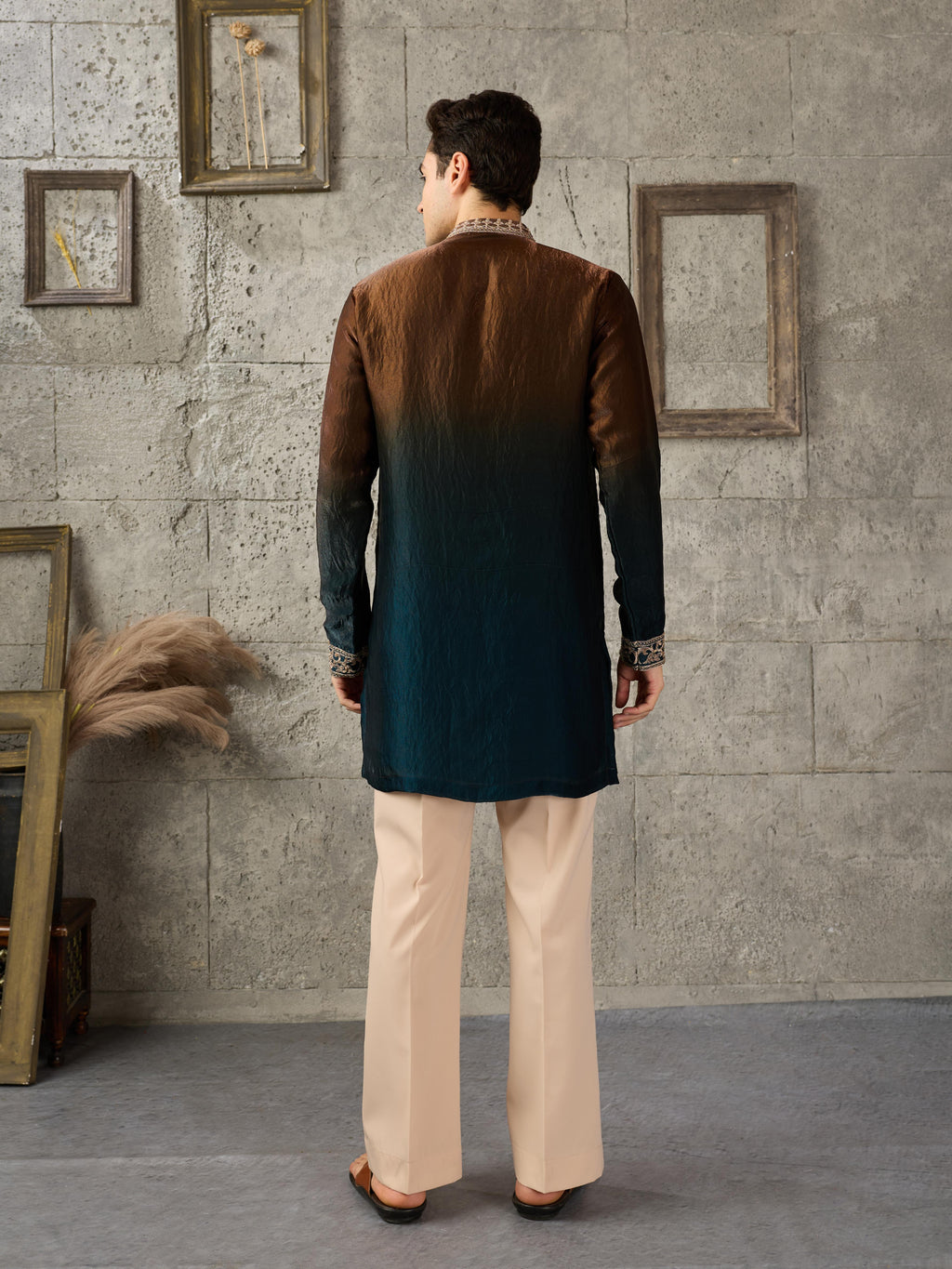 Brown Navy Crush Tissue Kurta For Men| Tulip Designer