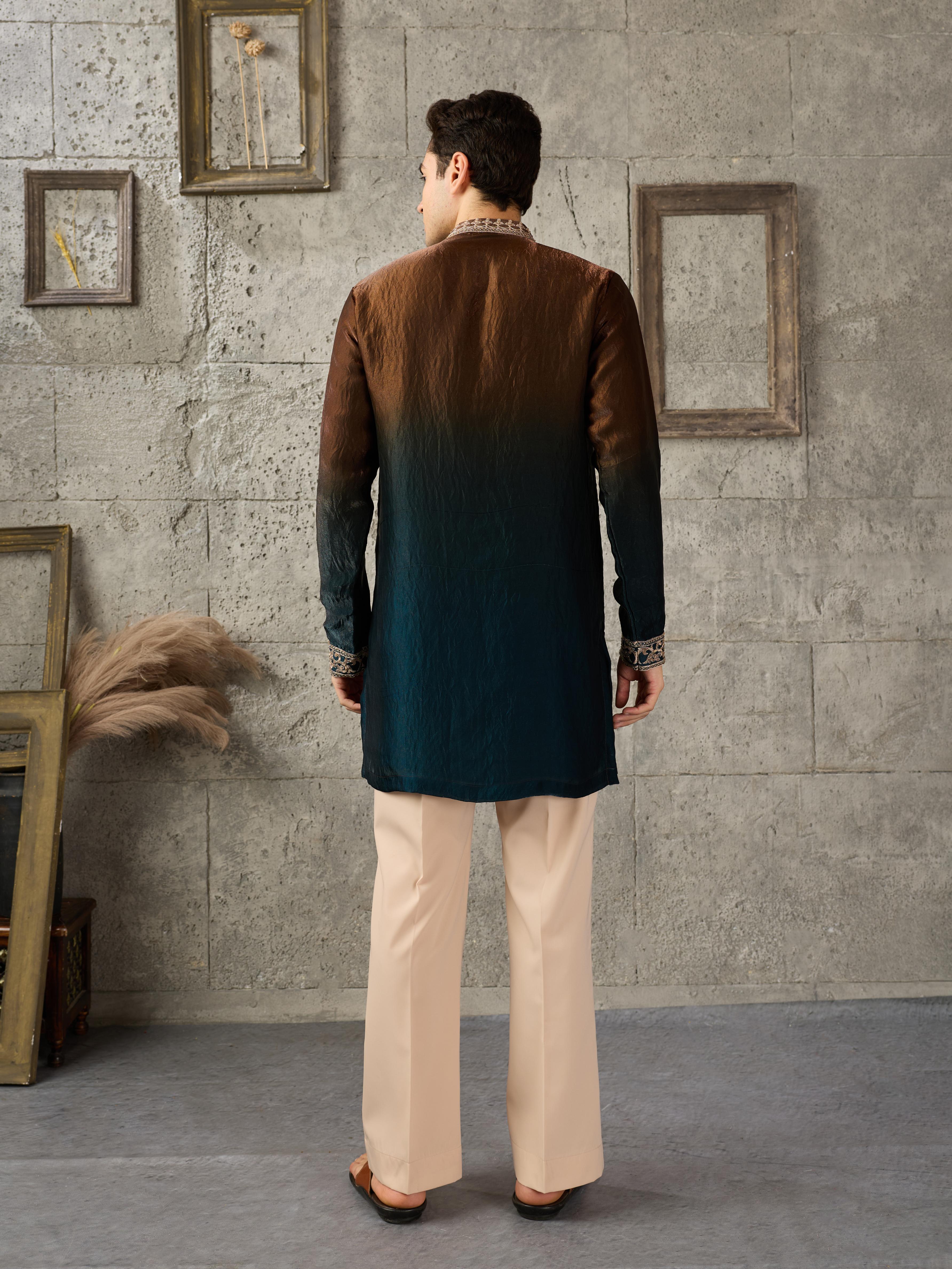 Brown Navy Crush Tissue Kurta For Men| Tulip Designer