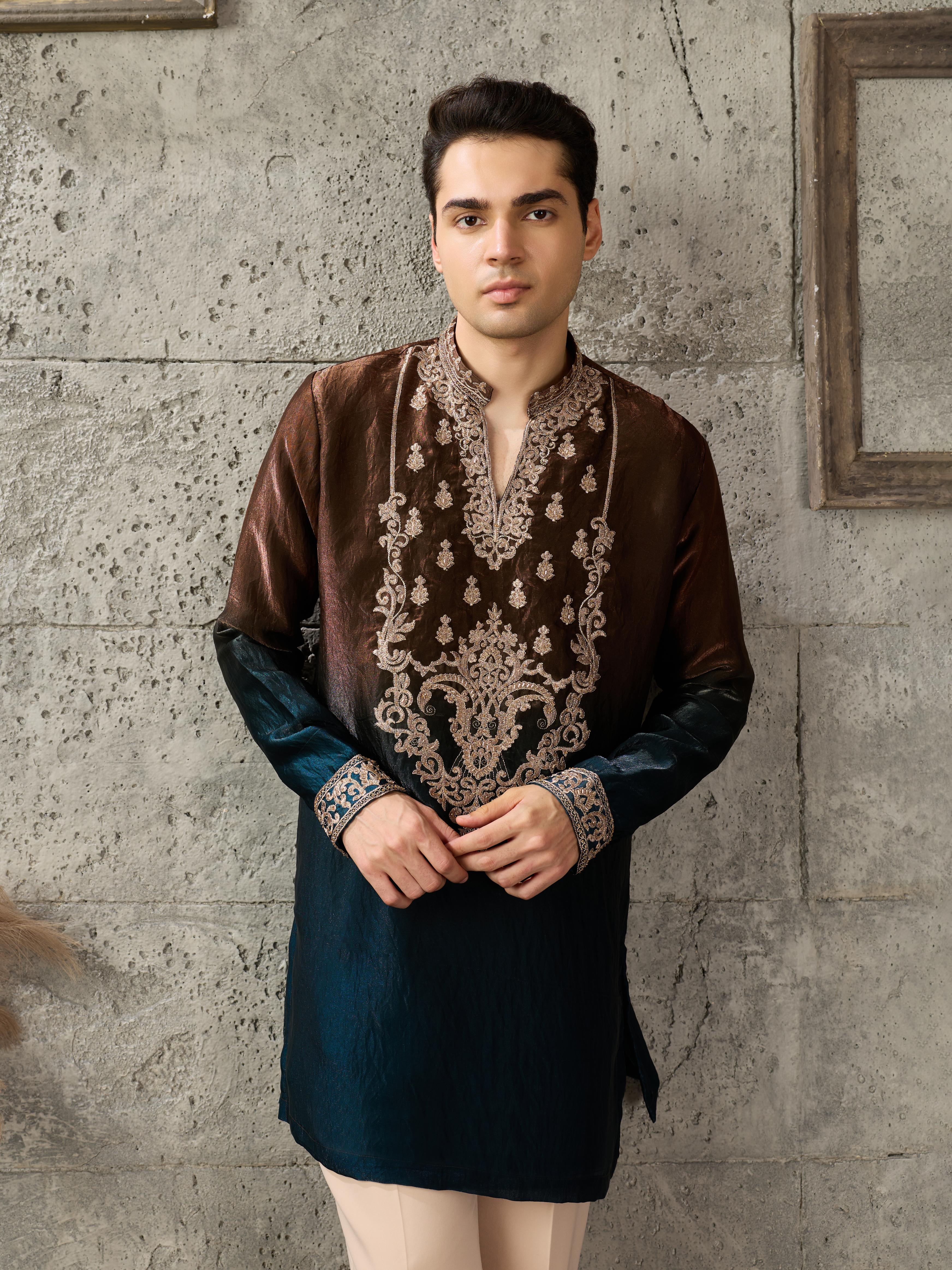 Brown Navy Crush Tissue Kurta For Men| Tulip Designer