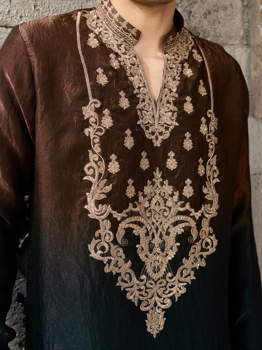Brown Navy Crush Tissue Kurta For Men| Tulip Designer