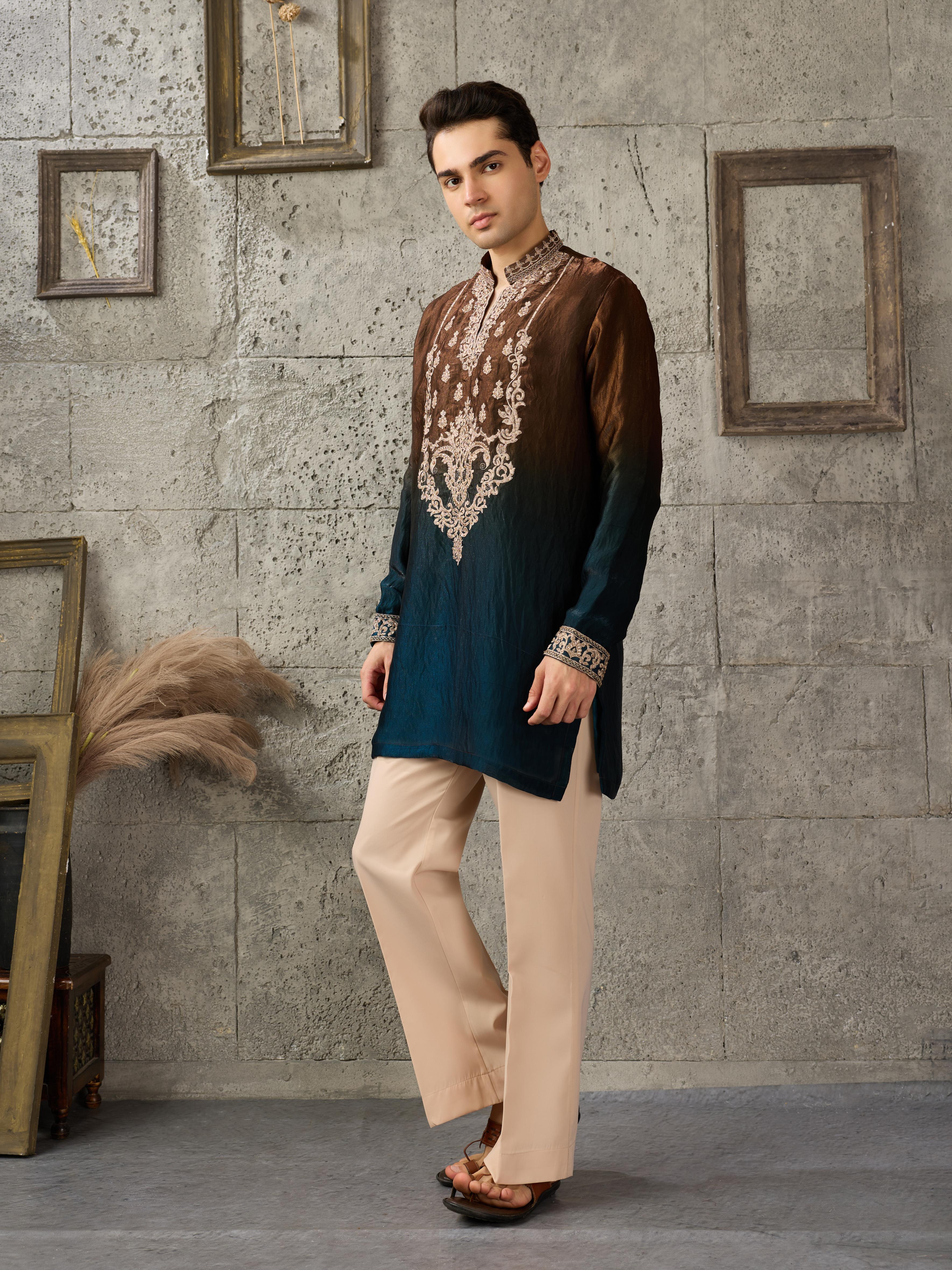 Brown Navy Crush Tissue Kurta For Men| Tulip Designer