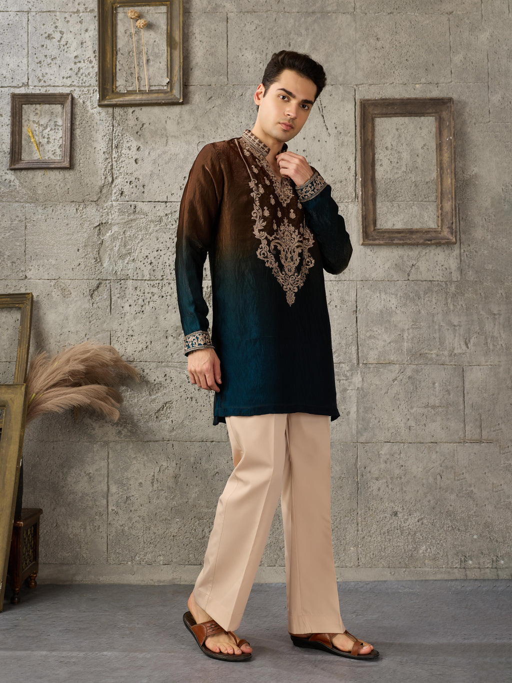 Brown Navy Crush Tissue Kurta For Men| Tulip Designer