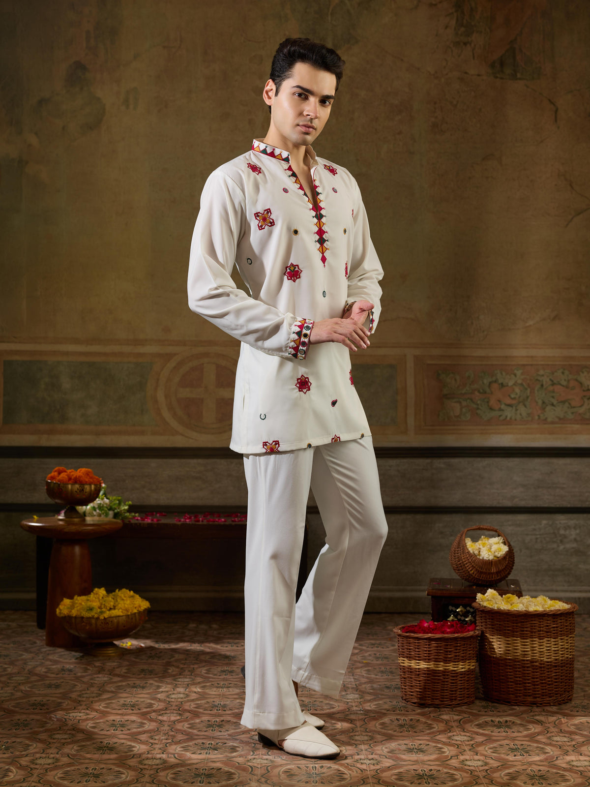 White Rayon Mirror Work Kurta Set | Tulip Designer