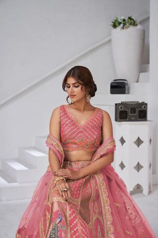 Pink Color Royal Radiance Raw Silk Bridal Lehenga Choli Set