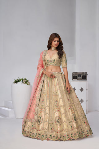 Cream Color Opulent Aura Raw Silk Bridal Lehenga With Peacock And Paisley Motifs