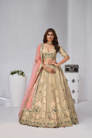 Cream Color Opulent Aura Raw Silk Bridal Lehenga With Peacock And Paisley Motifs