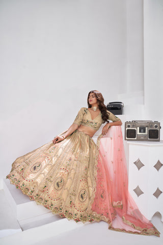 Cream Color Opulent Aura Raw Silk Bridal Lehenga With Peacock And Paisley Motifs