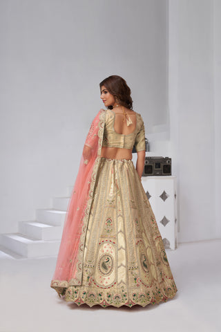 Cream Color Opulent Aura Raw Silk Bridal Lehenga With Peacock And Paisley Motifs