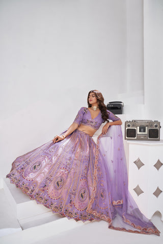 Purple Opulent Aura Raw Silk Bridal Lehenga With Peacock And Paisley Motifs