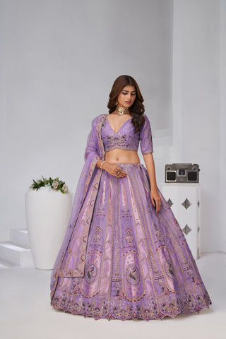 Purple Opulent Aura Raw Silk Bridal Lehenga With Peacock And Paisley Motifs