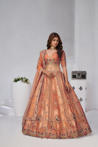 Rust Opulent Aura Raw Silk Bridal Lehenga With Peacock And Paisley Motifs
