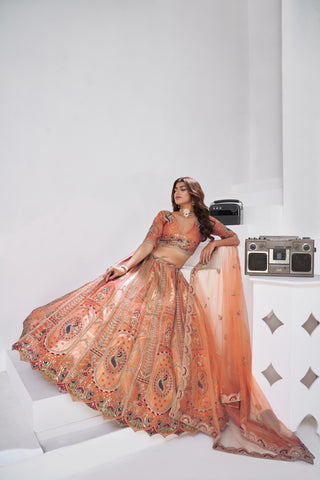 Rust Opulent Aura Raw Silk Bridal Lehenga With Peacock And Paisley Motifs