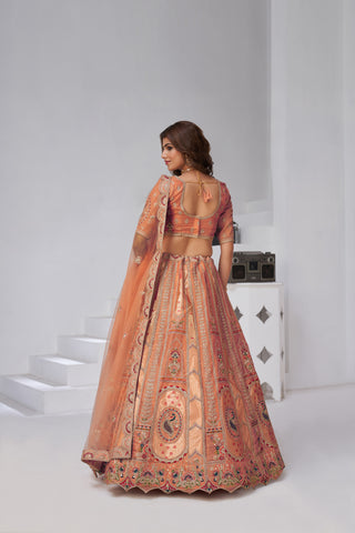 Rust Opulent Aura Raw Silk Bridal Lehenga With Peacock And Paisley Motifs