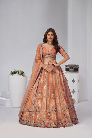 Rust Opulent Aura Raw Silk Bridal Lehenga With Peacock And Paisley Motifs